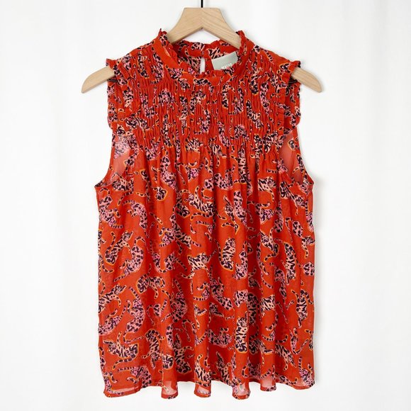 Anthropologie Maeve Darby Leopard Cheetah Print Smocked Ruffle Blouse Top Shirt - Picture 3 of 9